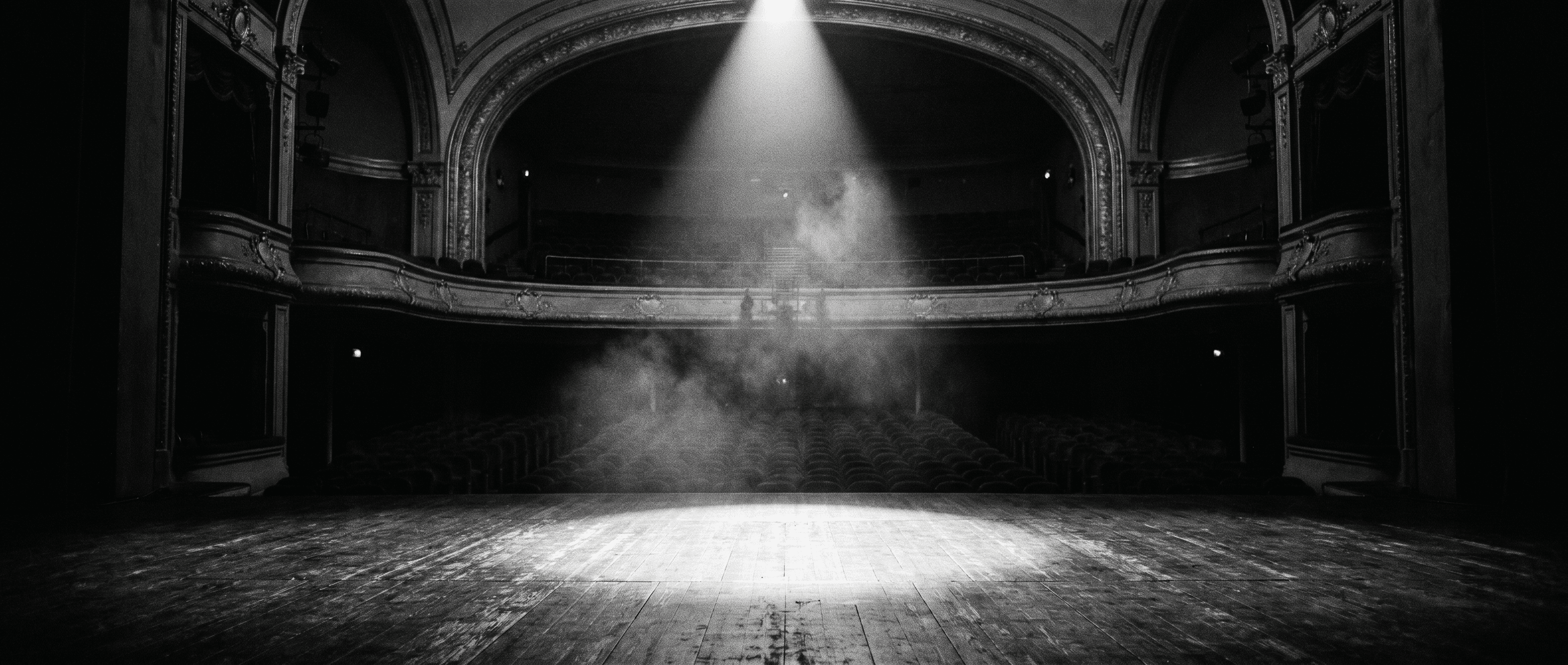 Vue d’une scène de théâtre depuis le point de vue de l’acteur — fauteuils vides, projecteur